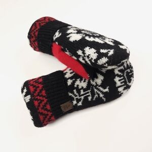 Upcycled Wool Sweater Mittens Black Red Floral Double Fleece Lined Adult M